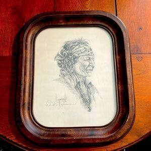 Signed Dick Lopeman original pencil sketch wooden frame 1976 Native American